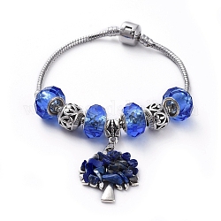Bracciali in ottone di stile tibetano, con perle di vetro handmade europei, pendenti e perline in lega stile tibetano, lapis lazuli naturale perline di chip, albero, 7-1/2 pollice (192 mm)
