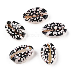 Perline di conchiglia di ciprea stampate a fiori, Senza Buco / undrilled, nero, 18.5~22x13~14.5x6~7.5mm