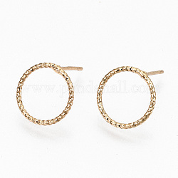 Brass Stud Earrings, Nickel Free, Textured Ring, Real 18K Gold Plated, 12mm, Pin: 0.7mm