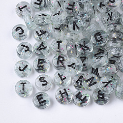 Perles en acrylique transparente, trou horizontal, avec de la poudre de paillettes, mélange de lettres, plat rond, clair, mixte, 7x4mm, Trou: 1.5mm