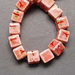 Light Salmon Handmade Printed Porcelain Cube Beads, 10x10x10mm, Hole: 4mm