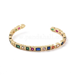 Bracelet manchette ouvert cœur et rectangle zircone cubique, bijoux en laiton doré pour femme, colorées, diamètre intérieur: 2-1/4 pouce (5.6 cm)