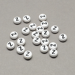 Perline con lettere a foro orizzontale in acrilico bianco e nero, rotonda e piatta con letter.z, 7x4mm, Foro: 1.3 mm