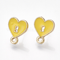 Alloy Stud Earring Findings, with Unplated Pins, Enamel and Loop, Heart Lock, Light Gold, Gold, 13x10.5mm, Hole: 1.5mm, Pin: 0.7mm