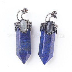 Natural Lapis Lazuli Big Pendants, Pointed Pendant, with Brass Findings and Oval Natural Labradorite Cabochons, Faceted, Bullet, Antique Silver, 60~62x20x23~24mm, Hole: 5.5x7mm