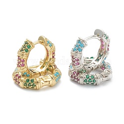 Brass Micro Pave Cubic Zirconia Huggie Hoop Earrings, Bamboo Stick, Colorful, Mixed Color, 15x17x4.5mm, Pin: 1mm