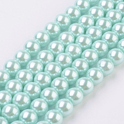 Hebras de perlas de vidrio ecológicas, redondo, teñido, cordón de algodón rosca, turquesa pálido, 8mm, agujero: 1.2~1.5 mm, aproximamente 52 pcs / cadena, 15.7 pulgada