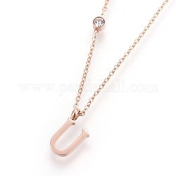 (Jewelry Parties Factory Sale)304 Stainless Steel Initial Pendant Necklaces, with Glass Rhinestone, Crystal, Rose Gold, Letter.U, 16.1~16.5 inch(41~42cm), Pendant: 11x5~8.5x1mm