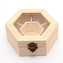 木製の裏返しボックス  7コンパートメントグリッドボックス付き  リングブレスレットウォッチネックレスイヤリング用  六角  バリーウッド  13.9x14.7x6.1cm