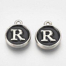 Charms del esmalte de la aleación, plano y redondo con la letra, Platino, negro, letter.r, 14x11.5x2.5mm, agujero: 1 mm