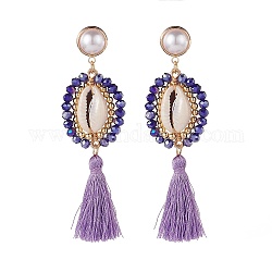 Boucles d'oreilles pendantes longues en fil de fer avec perles, coquille naturelle avec boucles d'oreilles pendantes en polyester pour femmes, or, lilas, 85mm, pin: 0.9 mm