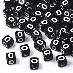 Perline acrilico opaco, foro orizzontale, stile alfabeto, cubo, bianco e nero, letter.o, 5x5x5mm, Foro: 2 mm, circa 500pcs/50g