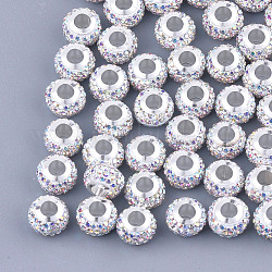 Perles européennes en pâte avec strass, Perles avec un grand trou   , avec des noyaux uniques en laiton de tonalité de platine, rondelle, cristal ab, 11x8mm, Trou: 4.5mm