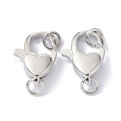 Eco-Friendly Brass Lobster Claw Clasps, with Jump Ring, Heart, Platinum, 16x11.5x5.4mm
