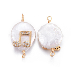 Connecteurs de liens de perles naturelles, avec les accessoires de zircons en laiton, pépites avec note de musique, or, clair, 21~30x12~16x6~9mm, Trou: 1.6mm