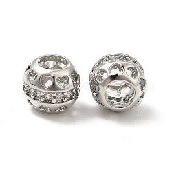 Hohle Mikropavé-Perlen aus klarem Kubikzirkonia aus Messing im europäischen Stil, Großloch perlen, Runde, Platin Farbe, 7.5x6.5 mm, Bohrung: 4 mm