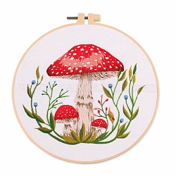 Mushroom Pattern Embroidery Starter Kits, including Embroidery Fabric & Thread, Needle, Embroidery Hoop, Instruction Sheet, White, 1mm, 14 colors