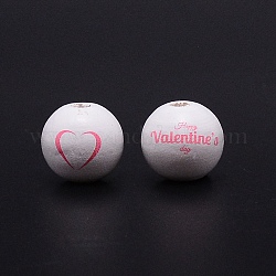 Perles européennes en bois imprimées, Perles avec un grand trou   , rond avec coeur et mot joyeux saint valentin, teinte, blanc, 16x15mm, Trou: 5mm