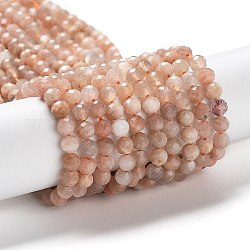 Chapelets de perles de pierre de lune de pêche naturelle, facette, ronde, 3mm, Trou: 0.6mm, Environ 115 pcs/chapelet, 15'' (38.1 cm)