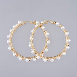 Orecchini a cerchio con perline, con perle di vetro bianco perle e 304 risultati di orecchini a cerchio in acciaio inossidabile, perle di vetro trasparente e perle di ottone, anello, oro, 76mm, ago :0.8mm