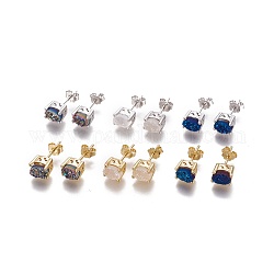 Electroplated Natural Druzy Agate Stud Earrings, with Brass Findings and 925 Sterling Silver Pins, Long-Lasting Plated, Ear Nuts, Oval, Mixed Color, 7x5x6.5mm, Pin: 0.9mm