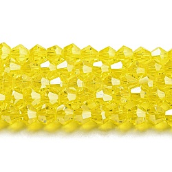 Transparentes cuentas de vidrio electroplate hebras, lustre de la perla chapado, facetados, bicono, amarillo, 3x2.5mm, agujero: 0.7 mm, aproximamente 162~185 pcs / cadena, 12.76~14.61 pulgada (32.4~37.1 cm)