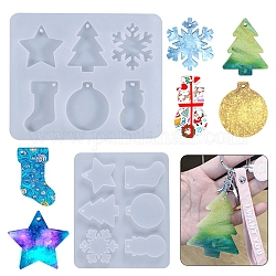 Christmas Silicone Pendants Molds, Resin Casting Molds, For DIY UV Resin, Epoxy Resin Jewelry Making, Star, Chrismtas Tree, Snowflake, Socks, Snowman, Bell, White, 245x202x15mm, Hole: 5mm