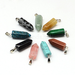 Кулоны из натуральных и синтетических камней-карандашей, с латунной фурнитурой платинового цвета, разноцветные, 26x8x8 мм, отверстие : 6x2 мм