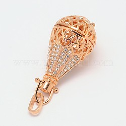 Brass Rhinestone Cage Pendants, For Chime Ball Pendant Necklaces Making, teardrop, Lead Free & Nickel Free & Cadmium Free, Rose Gold, 57x22mm, Hole: 9mm, Inner Diameter: 18mm