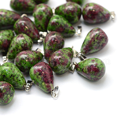 Teardrop Natural Ruby in Zoisite Pendants, with Platinum Tone Brass Findings, 21~24x12~14mm, Hole: 2x7mm