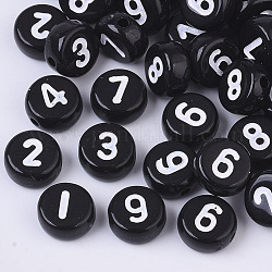 Perline acrilico opaco, piatta e rotonda con numero, nero, 7x3.5mm, Foro: 1.2 mm, su 4000 pc / 500 g.