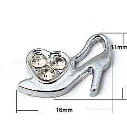 Zinc Alloy Pendants,  with Rhinestone Beads, Grade A, High-heeled Shoes, Platinum, 16x11x0.5mm, Hole: 2mm
