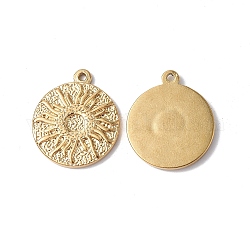 Ion Plating(IP) 304 Stainless Steel Pendants, Textured, Flat Round with Sun Charm, Real 18K Gold Plated, 17.5x15x2mm, Hole: 1mm