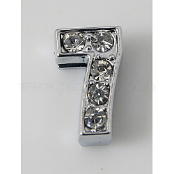 Platinum Alloy Rhinestone Number Slide Charms, Number 7, 11~12x4.5~7.5x5mm, Hole: 7x1mm