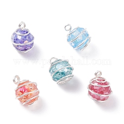 Amuletos de vidrio agrietado envueltos en alambre, con fornituras de latón, reronda facetas, color mezclado, 15x12~12.5mm, agujero: 3 mm