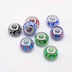 Handmade Lampwork Large Hole Rondelle European Beads, with Double Silver Color Brass Cores, Mixed Color, 14x9mm, Hole: 4.5mm