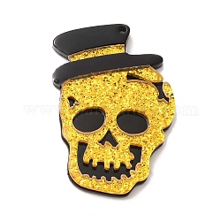 Pendentifs acryliques d'halloween, avec des paillettes, tête de mort avec breloque chapeau, or, 45x30x4mm, Trou: 2mm