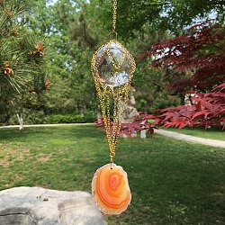 Décorations suspendues rondes en verre k9, attrape-soleil suspendus, avec morceau d'agate naturelle, pour les décorations de jardin, orange, pendentif: 300 mm