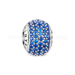 Tinysand rondelle rhodié 925 perles européennes en argent sterling, Perles avec un grand trou   , avec Serti pavé bleu zircone cubique, platine, 12.6x9.39x12.22mm, Trou: 4.29mm