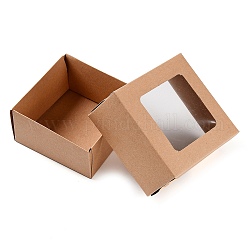 Boîtes-cadeaux de bijoux en carton de papier kraft pliant, avec fenêtre apparente en pvc, carrée, burlywood, produit fini: 10x10x5cm