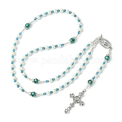 Collar de cuentas de rosario de perlas de vidrio, Collar con colgante de cruz y Virgen María de aleación, verde, 24.41 pulgada (62 cm)