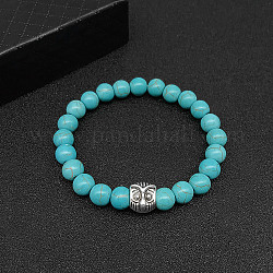 Bracelets extensibles turquoise synthétique pour femmes et hommes, avec des perles en alliage d'animaux de style tibétain, chouette, pas de taille