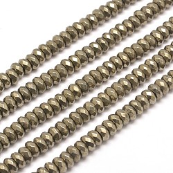 Faceted Rondelle Natural Pyrite Beads Strands, 4x3mm, Hole: 1mm, about 135pcs/strand, 15.7 inch