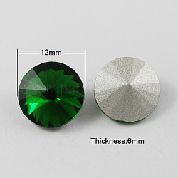 Diamante de imitación de cristal en punta, rhinestone del rivoli, espalda plateada, cono, verde, 12x6mm