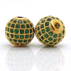 Brass Cubic Zirconia Beads, Round, Golden, 10mm, Hole: 2mm