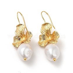 Boucles d'oreilles pendantes en forme de fleur en perles d'imitation ABS, bijoux en laiton de placage de rack pour les femmes, véritable 18k plaqué or, 44~45mm, pin: 1 mm