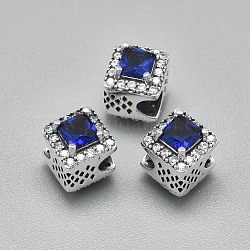 Perles européennes en 925 argent sterling, avec zircons, Perles avec un grand trou   , sculpté 925, losange, argent antique, bleu, 8.5x8.5x12mm, Trou: 4mm, taille de longueur: 11.5mm