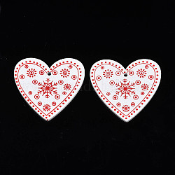 Pendenti in legno verniciato a spruzzo a tema natalizio, stampato solo fronte, cuore con fiocco di neve, bianco, 48x50x2.5mm, Foro: 2 mm