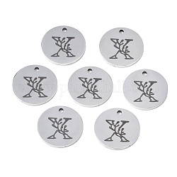 304 Stainless Steel Charms, Laser Cut, Designed Letter Engraved, Flat Round, Stainless Steel Color, Letter.X, 14x1mm, Hole: 1.2mm