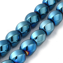 Chapelets de perles en hématite synthétique électrolytique sans magnétiques, Plaqué longue durée, torsion ovale  , bleu plaqué, 12~12.5x11.5~12mm, Trou: 1mm, Environ 33 pcs/chapelet, 16.14'' (41 cm)